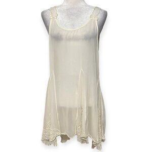 Free People M Ivory Beaded Embroidered Sheer Handkerchief Hem Slip Dress Boho
